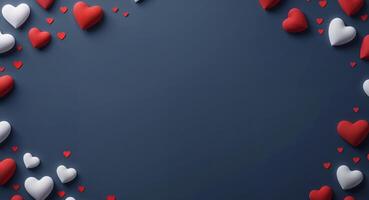 Valentine's Day background with red and white hearts creating a border on dark blue background with copy space photo