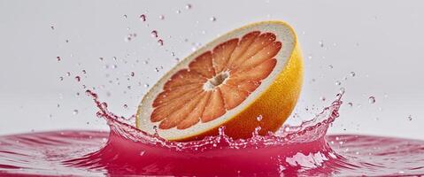 Grapefruit slice making a splash as it drops into pink grapefruit juice. photo