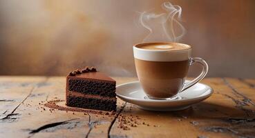 Steaming cup of espresso and a slice of cake on a rustic wooden table in a cozy atmosphere. photo