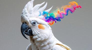 A white cockatoo with colorful colors is emerging from its beak. photo