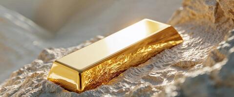 Gleaming Gold Bar Embedded in Rough Textured Rock Surface photo
