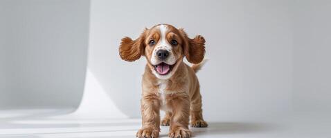 Energetic English Cocker Spaniel Puppy Posing in Studio with Joyful Expression. photo