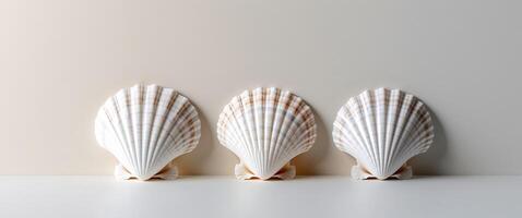 Three shells on a white surface photo