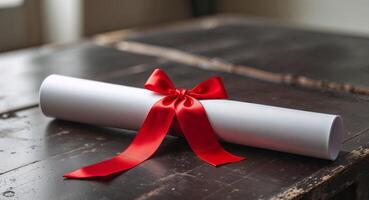 A rolled up piece of paper with a red ribbon photo