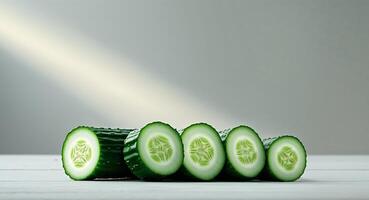 Cucumber slices on a white table photo