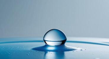 Captivating droplet reflecting ambient light on a pristine blue surface photo