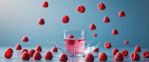 Splashes of juice in a glass and raspberries falling from above on a blue background. photo
