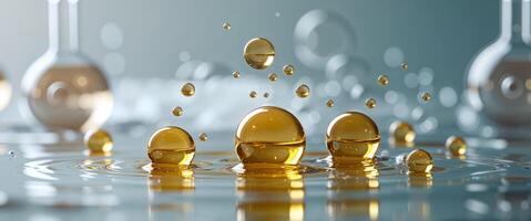 Macro closeup of golden oil droplets floating on water abstract liquid bubbles scientific chemistry experiment background. photo