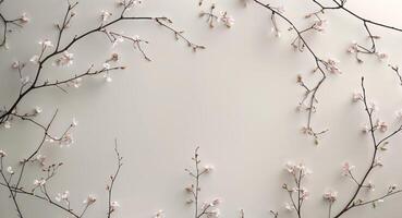 Flowering branches create a delicate border around a light surface. photo