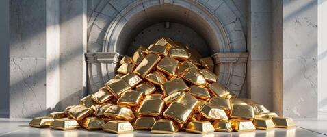 Elaborate Stone Vault Overflowing with Shiny Golden Treasure Bars photo