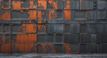 Abstract rusty orange and dark gray block wall. photo