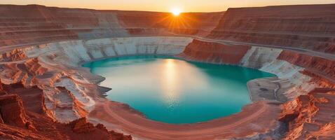 Sunset over a large open pit mine with turquoise water and rugged layers of rock. photo