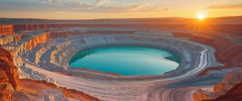 Sunset over a large open pit mine with turquoise water and rugged layers of rock photo