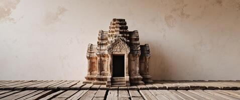 Ancient temple backdrop with weathered wooden foreground capturing history and mystery. photo