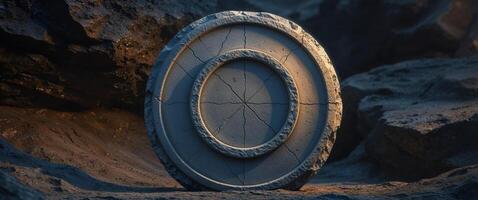 Ancient stone emblem surrounded by rough texture in dark natural setting at twilight photo