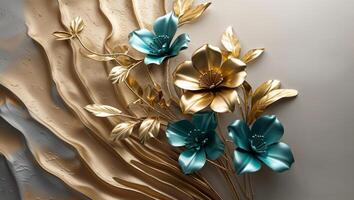 Gold and Teal Metal Floral Design on Textured Background. photo