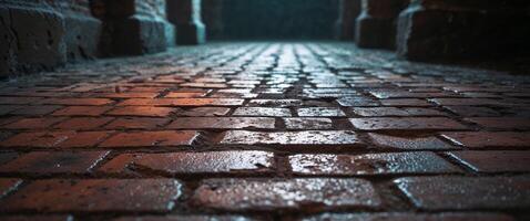 Ancient brick flooring showcasing the intricate structure and historical significance of old buildings in a dimly lit environment. photo