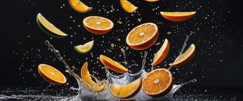 Colorful Citrus Slices Creating Splash Effect on Black Background. photo
