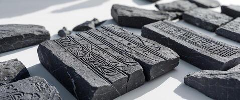 Engraved Linear Symbols on Dark Grey Stone Fragments photo