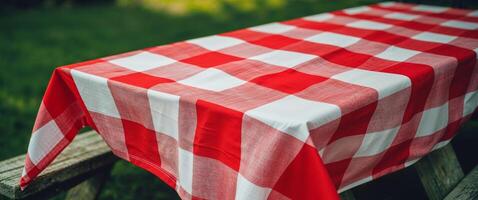 Bright red and white checkered tablecloth for outdoor picnics and gatherings. photo