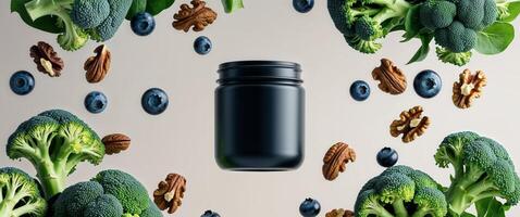 Floating Black Jar Surrounded by Fresh Broccoli Walnuts and Blueberries in a Healthy Food Composition photo