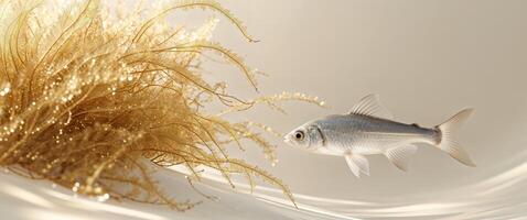 Silver Fish Swimming Through Golden Seaweed in a Tranquil Underwater Environment photo