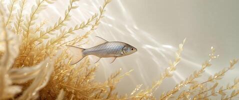 Silver Fish Swimming Through Golden Seaweed in a Tranquil Underwater Environment. photo