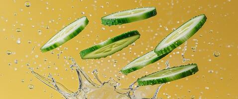 Flying cucumber slices and a splash of water on a yellow background photo