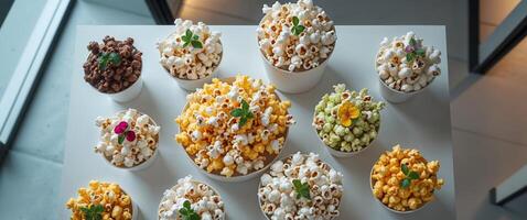 Delicious popcorn varieties sampling event movie theater food display indoor environment aerial view culinary experience photo