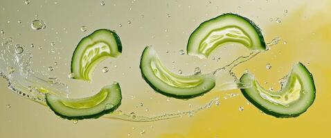 Flying cucumber slices and a splash of water on a yellow background. photo