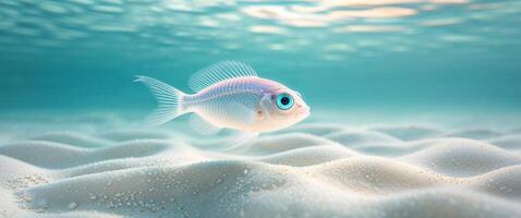 Translucent fish with blue eyes on sandy ocean floor. photo