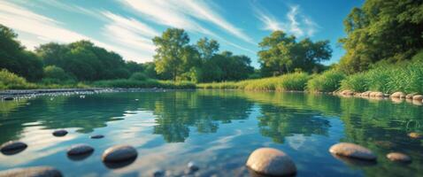 A tranquil pond filled with clear water surrounded by greenery and small rocks under a blue sky. photo
