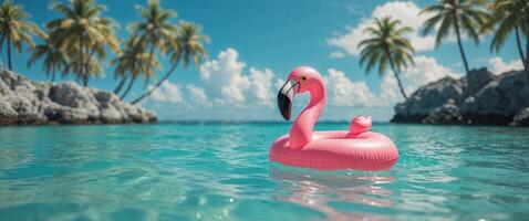 Pink Flamingo Float in Crystal Clear Water Surrounded by Palm Trees in a Summer Vacation Scene. photo