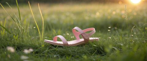 Pink Sandal in a Summer Meadow at Sunset photo