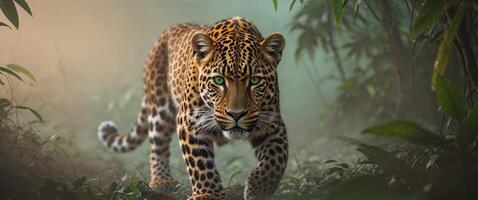 Majestic leopard stealthily preparing to pounce in a dense jungle environment during the early morning light. photo