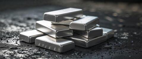 Silver Bars Piled on Dark Gritty Surface with Shiny Metallic Finish. photo