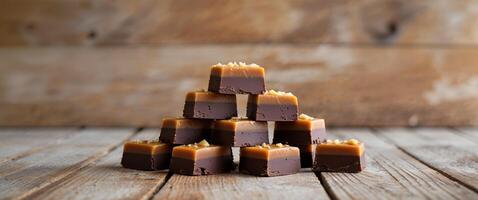 Stack of Chocolate Caramel Fudge Pieces on Textured Wooden Surface Background photo