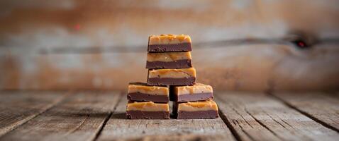 A stack of fudge on a wooden table photo