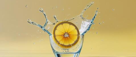 A slice of lemon is being splashed into a glass photo