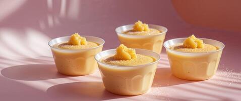 Creamy mango pudding cups on a pink background with strong light and shadow. photo