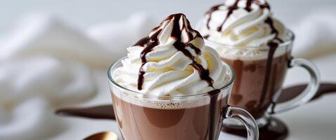 Delightful Hot Chocolates with Whipped Cream and Drizzle. photo