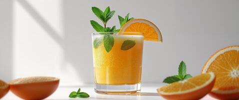 Refreshing Orange Juice with Fresh Oranges and Mint Garnish photo