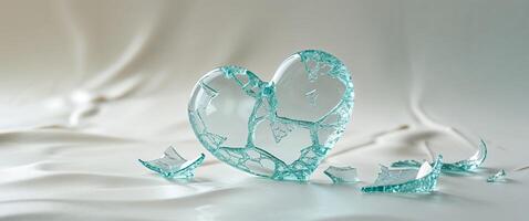 Broken heart made of glass with delicate fragments on a tranquil solid background. photo