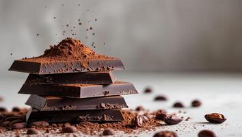 Stack of Dark Chocolate Bars Topped with Cocoa Powder and Cocoa Beans. photo