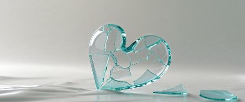 Broken heart made of glass with delicate fragments on a tranquil solid background photo