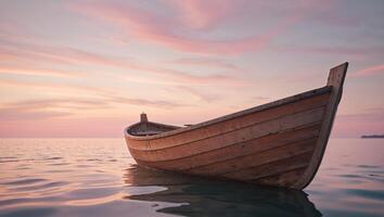 serene boat floating on calm water under pastel sky at sunset photo