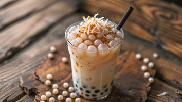 Refreshing iced bubble tea with tapioca pearls and coconut on a rustic wooden table setting. photo