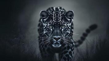 Melanistic Leopard with Golden Eyes Emerging from Shadows photo