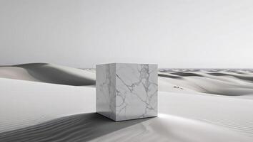a lonely cube of marble on an endless sandy background photo