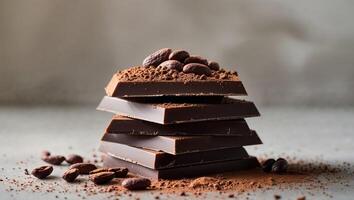 Stack of Dark Chocolate Bars Topped with Cocoa Powder and Cocoa Beans photo